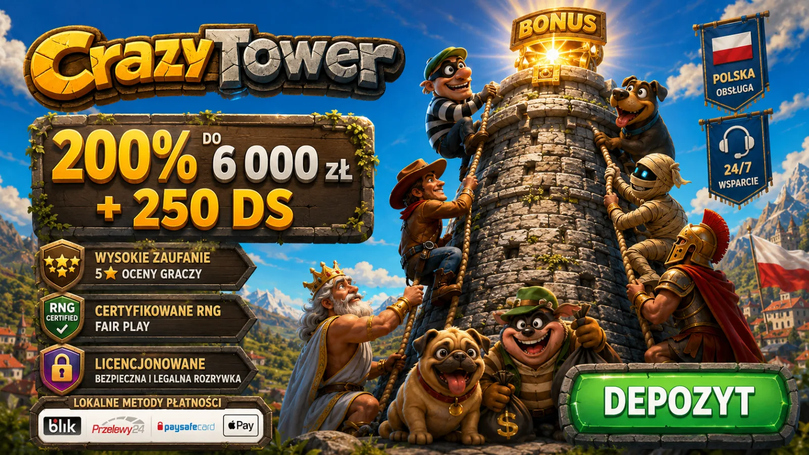CrazyTower — bonus 200% do 6 000 zł i 250 darmowych spinów